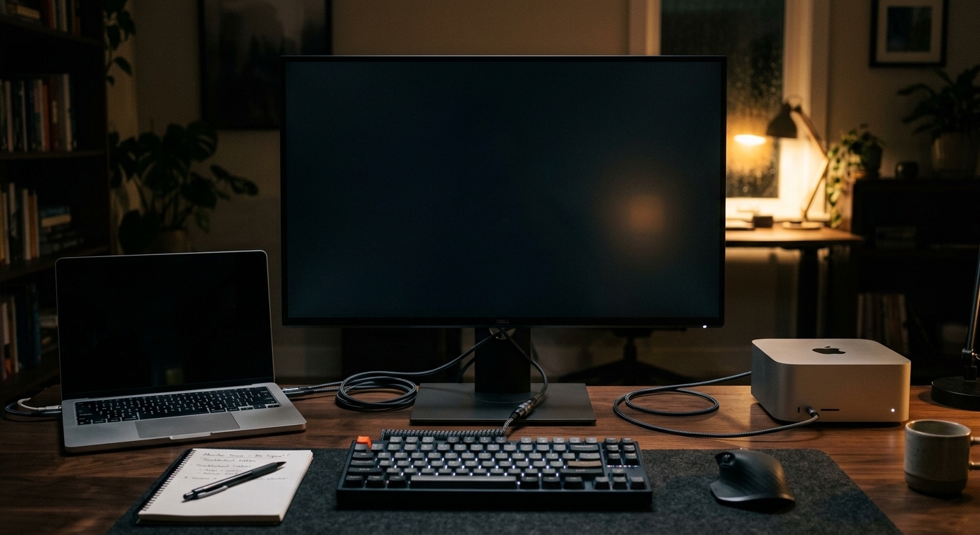 薄暗い部屋のデスクに置かれた、Dellのモニター、Mac Studio、MacBook Pro、メカニカルキーボード、マウス。