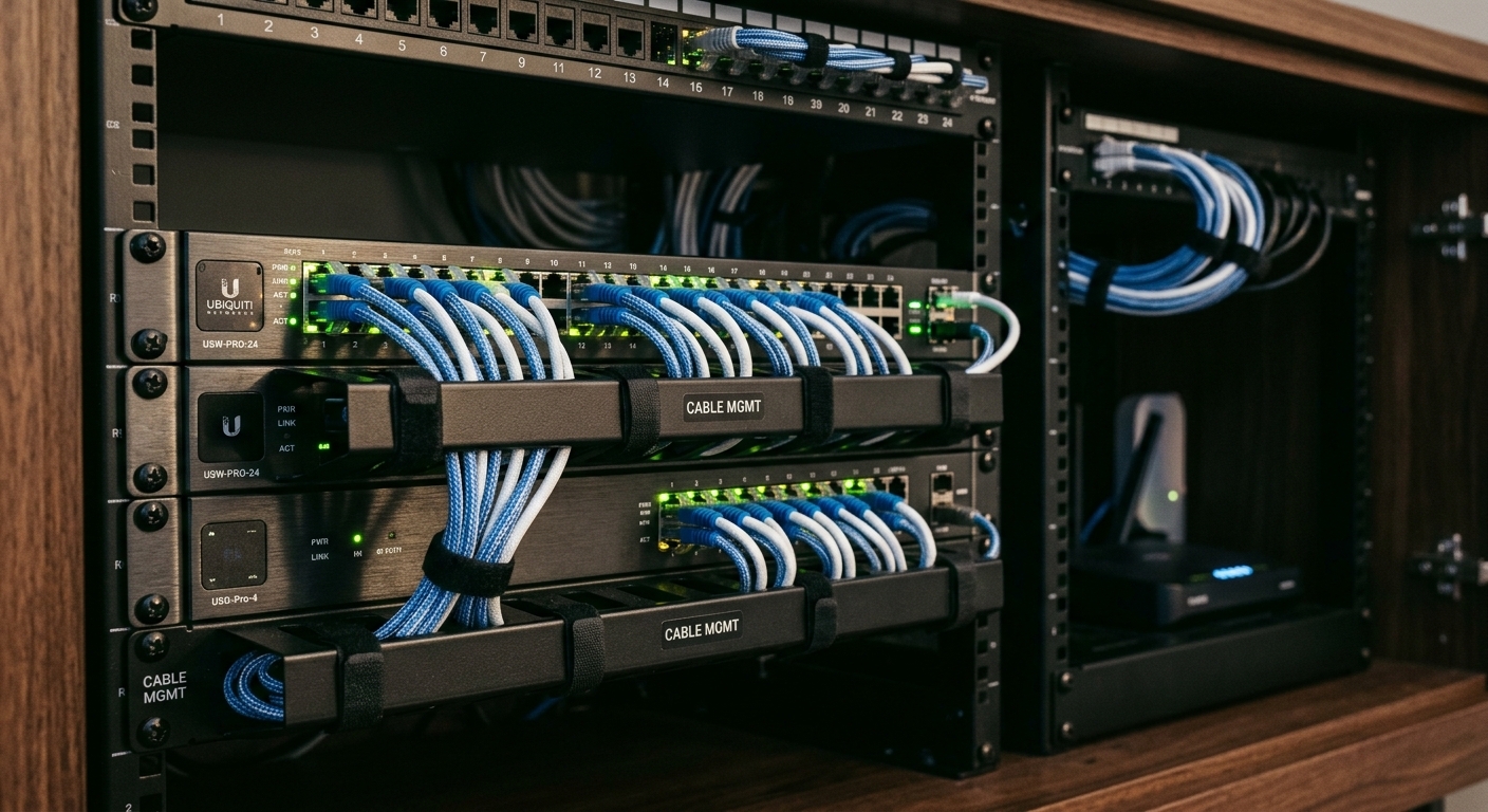 ラックに設置されたUbiquitiのネットワーク機器と、綺麗に整理された青と白のLANケーブル。