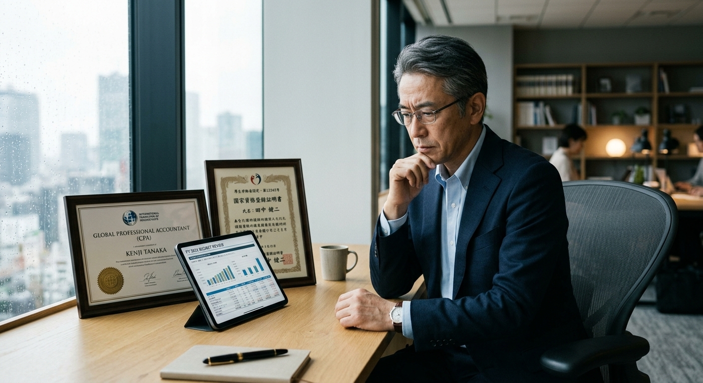 オフィスでタブレットのデータを分析する公認会計士の田中健二。デスクには国家資格の証明書が並んでいる。